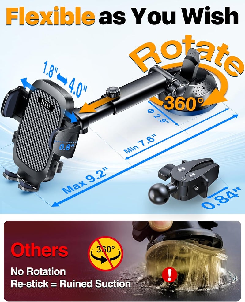 HTU 2026 Ultimate Best【True Military-Grade & Safety Cert】Car Phone Holder 【Upgraded 5-in-1 & 100+LBS Strongest Suction】360 Rotation Truck Windshield Dashboard Vent Mount Stand for iPhone Android, Black - Image 4